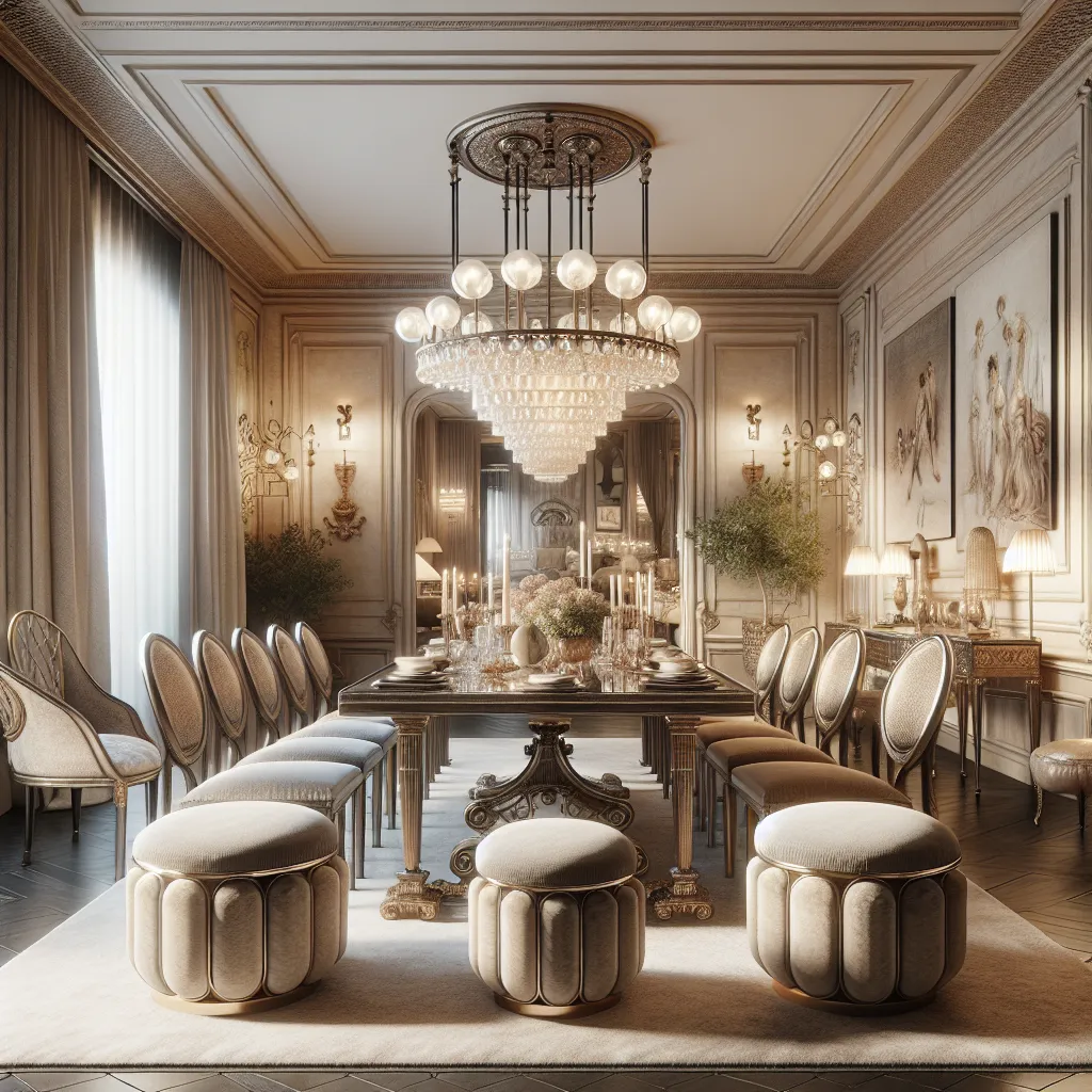 Elegancka aranżacja jadalni z hokerami i krzesłami glamour